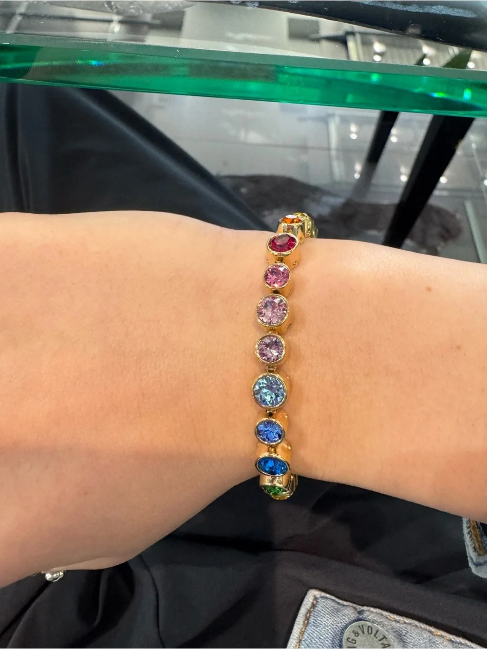 New Yellow Gold-tone Bezel-Set Rainbow Gemstone Tennis Bracelet